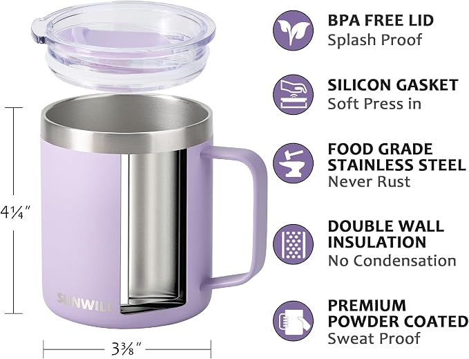 SUNWILL Travel Coffee Mug with Lid, Insulated Tumbler with Handle, 14 oz Stainless Steel Cup for Home, Office, Camping, Powder Coated Orchid