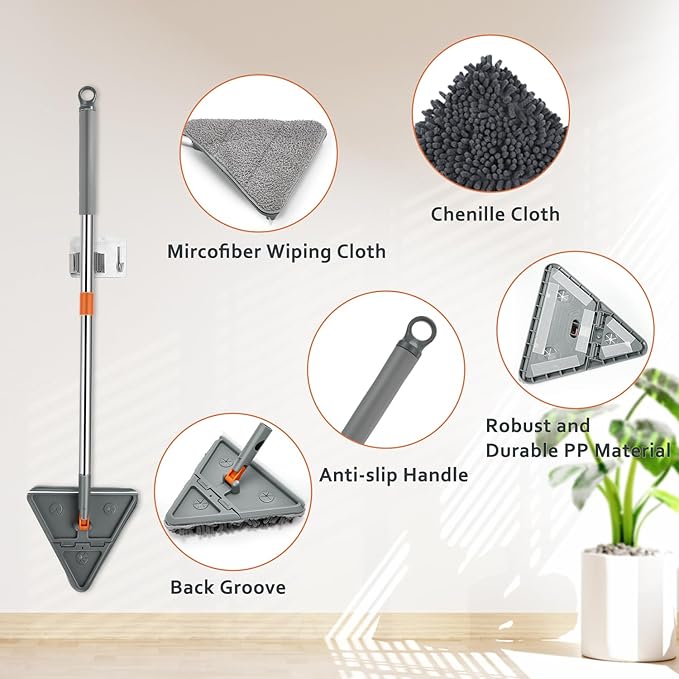 Base Board Cleaner Tool,Wall Cleaning Mop with 360° Rotation, 180° Folding Ceiling Duster Tool , Adjustable Long Handle for Effortless Walls, Window,Floor - 8 Replacement Cleaning Pads