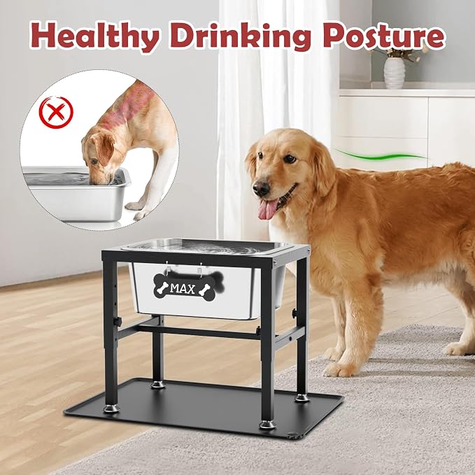 2.8 Gallon Elevated Large Dog Water Bowl with Spill-Proof Mat, 4-Height Adjustable (9.4–14.2'') Raised Dog Water Bowl Stand with Stainless Steel Bowls for Indoor/Outdoor Use