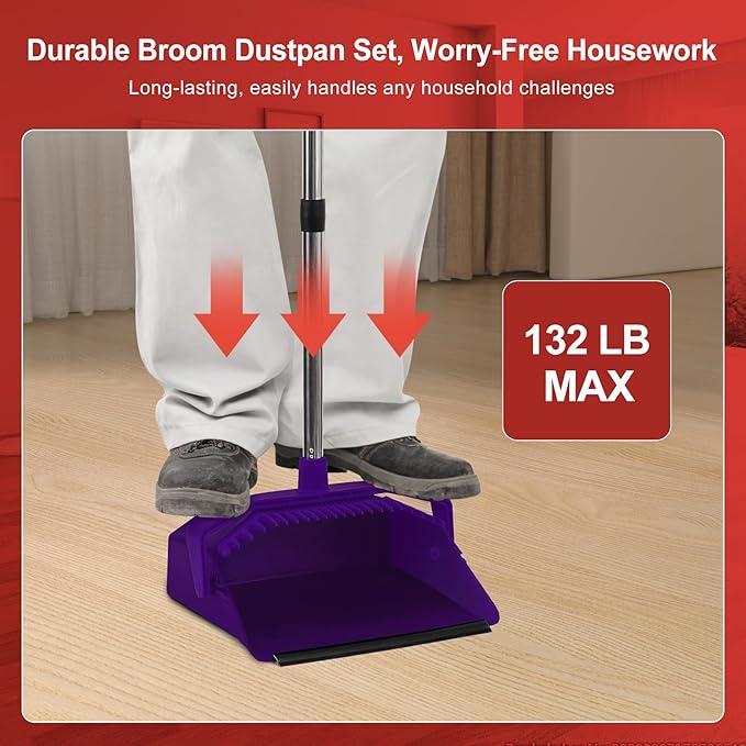 Tiumso Broom with Dustpan Combo Set, Broom and Dustpan Set with 51'' Long Handle, Dust Pan and Brooms, ZeroGap Lip, Self-Cleaning Dustpans Teeth for Lobby Kitchen Restaurant - Purple