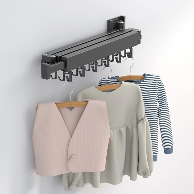 ZdwCyl Clothes Drying Rack Wall Mounted,Laundry Rack Wall Wount,Drying Rack Clothing for Laundry,Retractable Dryer Racks,Wall Mounted Drying Rack Collapsible, Black, Sandy Coating,3z-b01