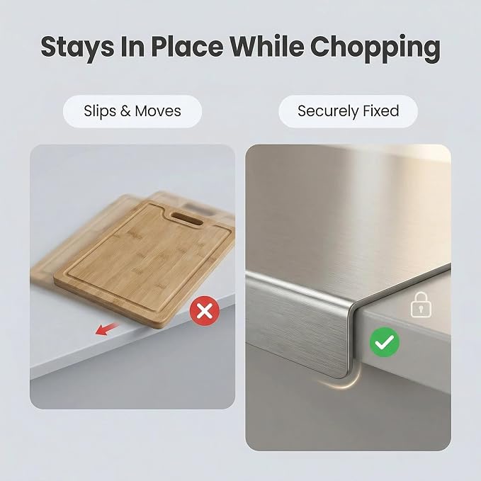 Stainless Steel Cutting Board with Lip and Non-Slip Mat (15.7 × 11.8 in) | Reversible Metal Cutting Board, L-Shaped Lip, Dishwasher Safe, for Meat, Fruit, Vegetables & Bread