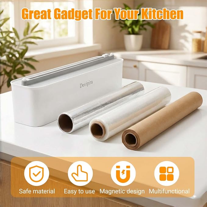 Magnetic Plastic Wrap and Foil Dispenser with Cutter, Upgrade Large Size Fits Max 12.8In x 984Ft Cling Film, Adhesive Wall Mounted Aluminum Foil and Wrap Organizer Holder for Kitchen
