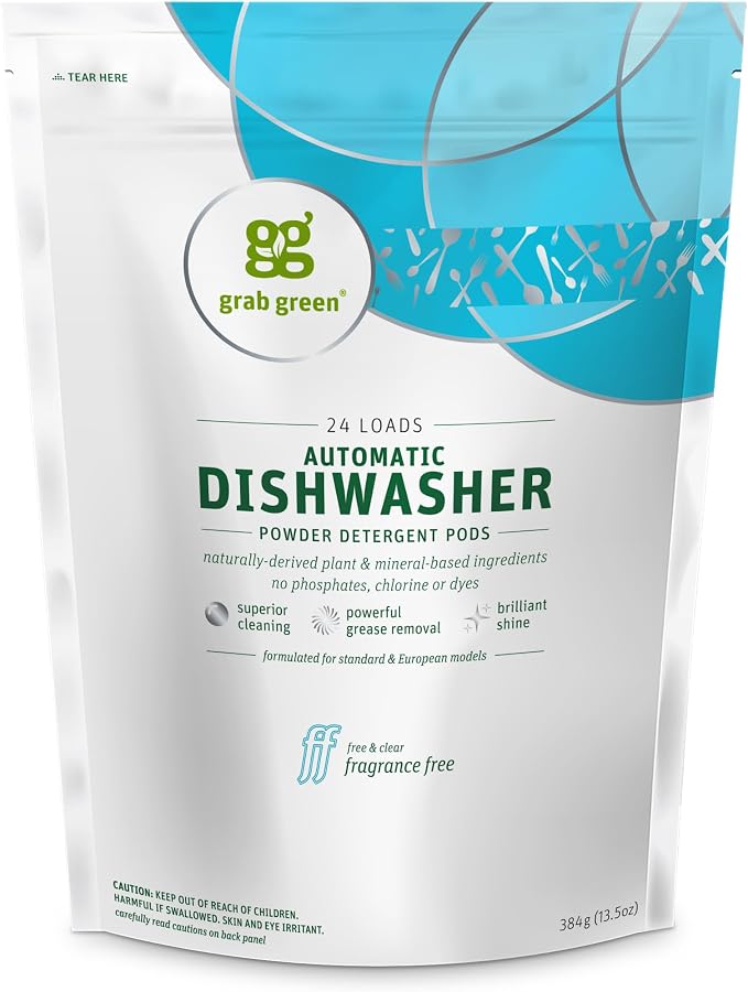 Grab Green Dishwasher Pods, 24 Count, Unscented, Plant & Mineral Based | Fragrance free; Plant & mineral based; Enzyme-powered; Velcro Closure; No Harsh Chemicals; Removes Grease and Stuck on Food