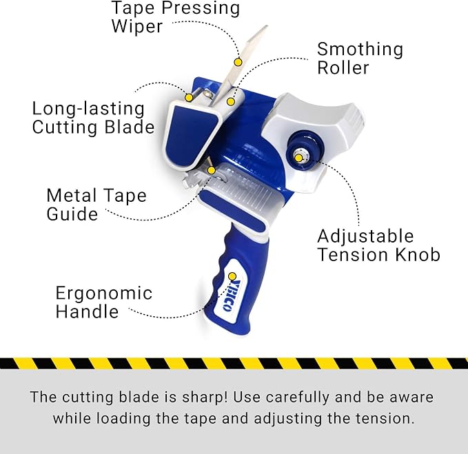 IDL Packaging T291 Tape Gun Dispenser for 2" Tapes, Safe Blade, Rubber Roller, Blue Metal Frame, Comfy Rubber Grip (Pack of 1)