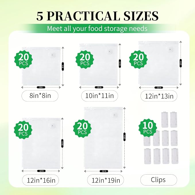 VISRIE 100Pcs Reusable Vacuum Sealer Bags for Food, 5 Assorted Size | BPA-Free Food Storage Bags for Sous Vide Microwave Heating, Compatible with Handheld Sealer and Vac Sealer Machine
