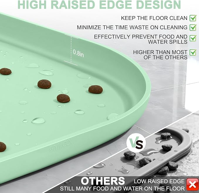 SMILOOL Waterproof Silicone Pet Food Mat with Raised Edge for Dog & Cat | 24" x 16" Non-Slip Pet Feeding Mats with Lip for Food & Water Bowl, Food Grade, Easy Cleaning, Mint Green