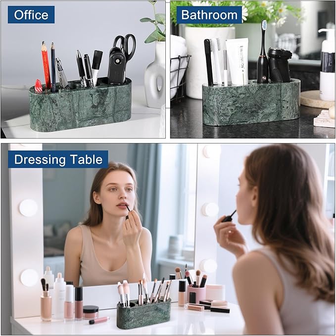 BCS Toothbrush Holder for Bathrooms, 6 Slots Marble Toothbrush Organizer, Makeup Brush Stand Toothbrush Storage Collection for Bathroom Countertop Vanity Organization - Indian Green