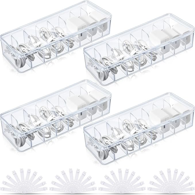 Tatuo 4 Pcs Cable Organizer Box with Wire Ties, Plastic Cord Storage Box with Lid, Electronics Organizer for Home Office Desk Organizers and Accessories (Clear)