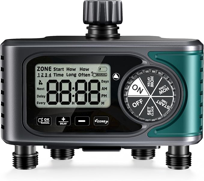 Sprinkler Timer 4 Zone, Programmable Water Timer for Garden Hose with Rain Delay, Manual and Automatic Irrigation Controller System, 4 Outlets Timed Irrigation Controller System for Lawn