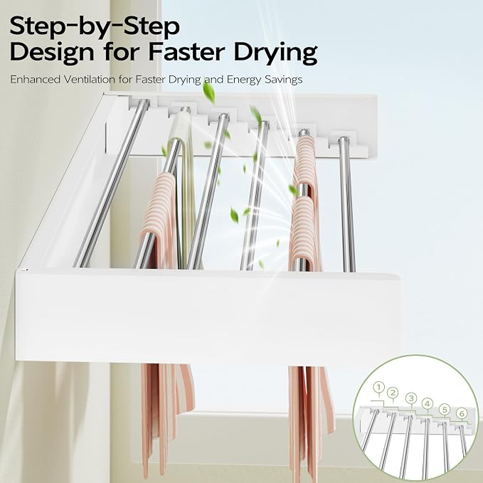Vikaqi Wall Mounted Clothes Drying Rack 40 inches, Foldable Wall Mount Laundry Rack Folding Indoor, Drying Rack Clothing Collapsible, Hidden Space Saver with Wall Template, 6 Rods, White