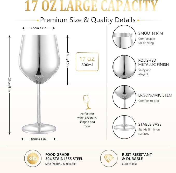 UNISWEET Unbreakable Stainless Steel Wine Glasses Set of 4, Silver | 17oz Unique Fancy Metal Wine Goblets, Shatterproof, Ideal for Outdoor, Camping, Travel, Pool, Great Gift for Wine Lovers