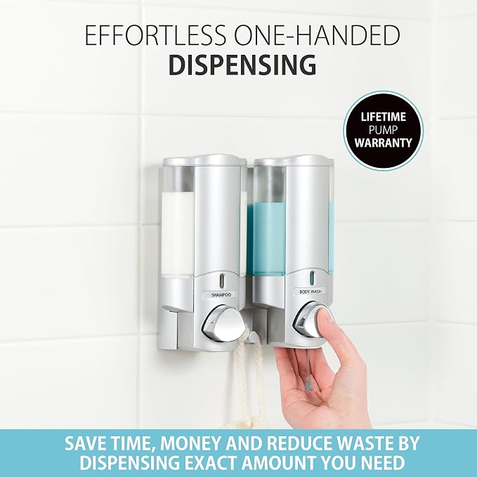 Better Living Aviva Wall Mount Shower Dispenser, 2 x 11oz, Satin Silver | 2 Chamber, Shampoo, Conditioner, Body Wash and Soap Dispenser, Built-in Hooks, No Drill, Waterproof Shampoo Soap Dispenser