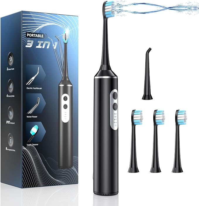 UNINGOPI 2-in-1 Electric Toothbrush with Water Flosser, Brush & Floss Combo | 3 Modes, 3 Brush Heads, Jet Tip, IPX7 Waterproof, Portable Oral Irrigator for Travel, Black