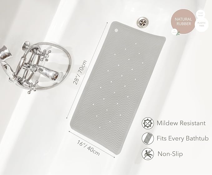 HEVEA Natural Rubber Wave Bath Mat – Long 28 × 16 in - Non-Slip Shower & Bathtub Mat with 388 Suction Cups, Plastic-Free & Biodegradable (Granite)