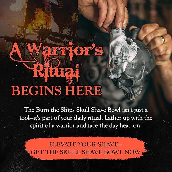 Burn The Ships Shaving Kit | Ceramic Skull Shave Bowl & Cream | Wet Razor Lather Mug | Hot Scuttle for Traditional Grooming | Shaving Soap Gift Set | Barber Accessories for Men