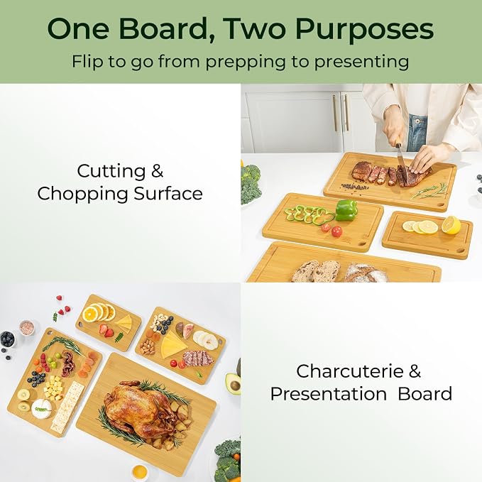 Keechee Natural Bamboo Cutting Board Set of 4, Wood Chopping Block Set | Deep juice grooves, built-in handles, four piece set for meat cutting, veggie prep and serving