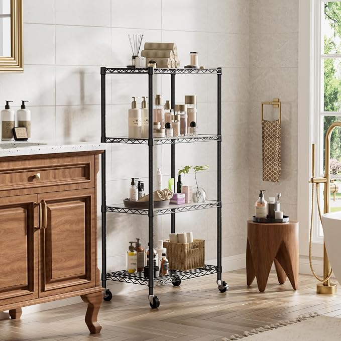 Golpart 4 Tier Shelves Storage Shelf Wire Closet Bathroom Organizers Metal Pantry Kitchen Garage Shelving Unit Laundry Room Organization Home Rack Net Basket Black with Wheels 14”D X 24”W X 48.9”H