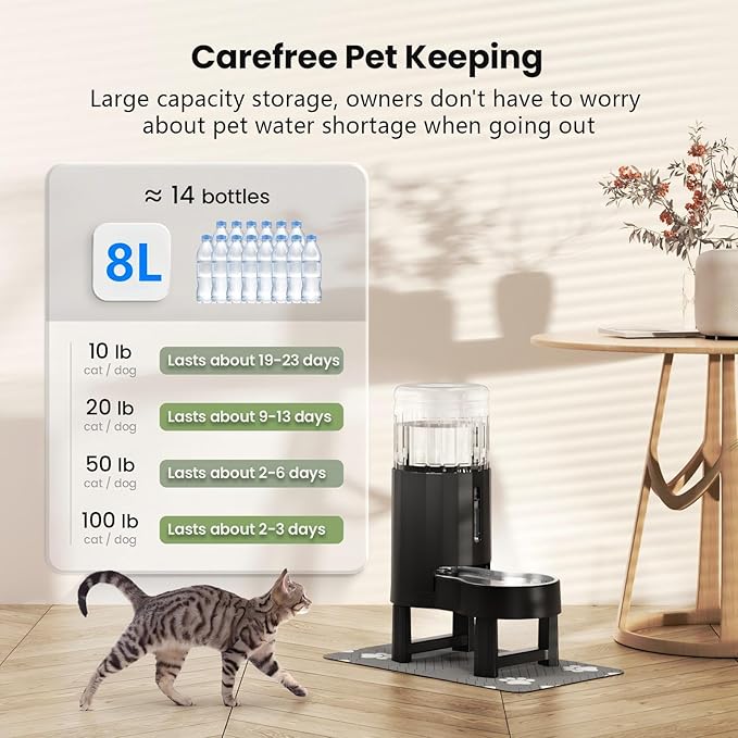 CZPET Elevated Dog Water Bowl Dispenser 8L (8L+Stand+Mat, Black) | With Stainless Steel Bowl Gravity Waterer, Large Capacity and Drinking Area Noise-Free for Pets