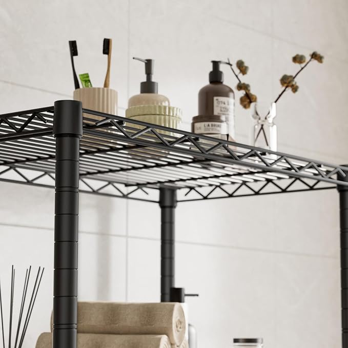 Golpart 4 Tier Shelves Storage Shelf Wire Closet Bathroom Organizers Metal Pantry Kitchen Garage Shelving Unit Laundry Room Organization Home Rack Net Basket Black with Wheels 14”D X 24”W X 48.9”H