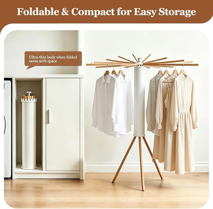 Clothes Drying Rack Wooden Tripod, Floor‑Mounted Garment Rack, Portable Foldable Space‑Saving Laundry Dryer with 16 Drying Poles, Ideal for Small Apartments, Balconies and Bedrooms