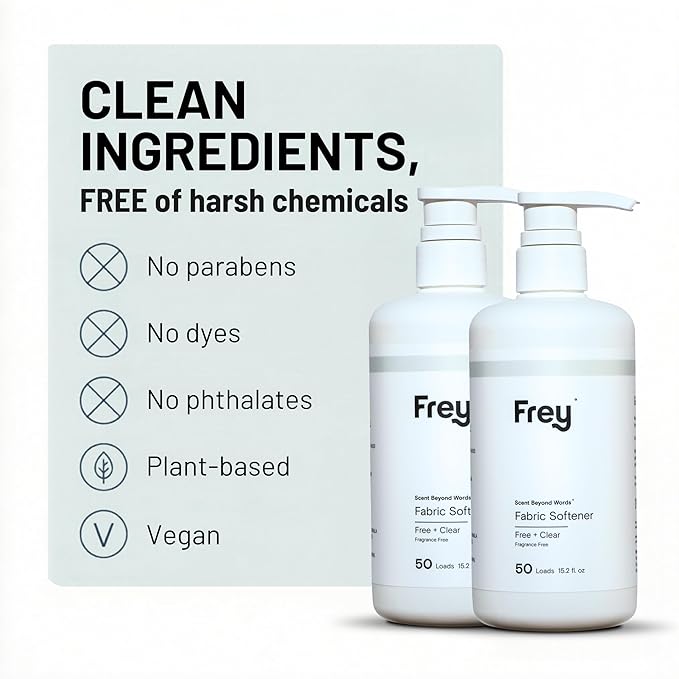FREY Natural Liquid Fabric Softener and Conditioner | HE Laundry Softener for All Machines | Plant-Powered Eco Friendly Formula | 2-Pack, Fragrance Free