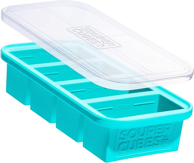 Souper Cubes 1 Cup Silicone Freezer Mold with Lid, Aqua, 1-Pack | 100% Platinum-Cured Silicone Food Mold, Oven and Microwave Safe, Perfect for Freezing Soup, Rice, Protein, Grains and More