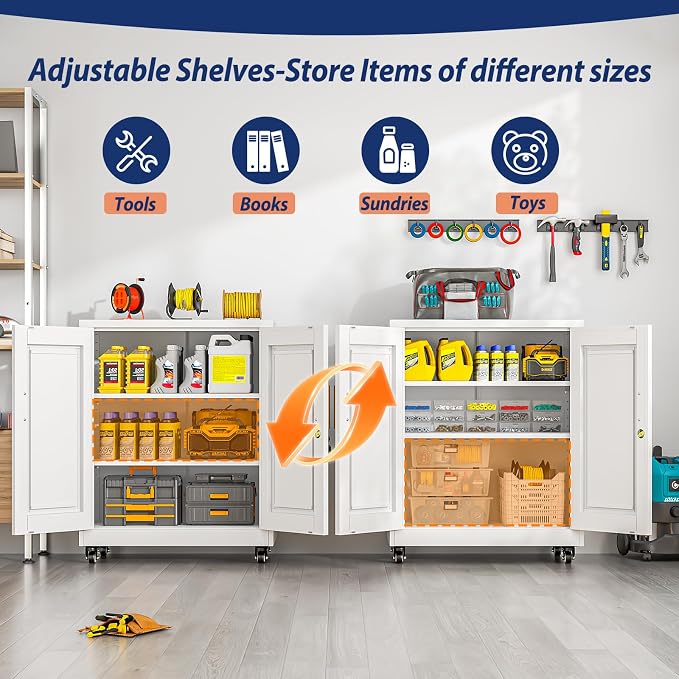 PAOFIN Metal Storage Cabinet-35” Tall Steel File Cabinets with Lockable Doors and Adjustable Shelves, Steel Tool Cabinet with Wheel for Home, School, Office, Garage White