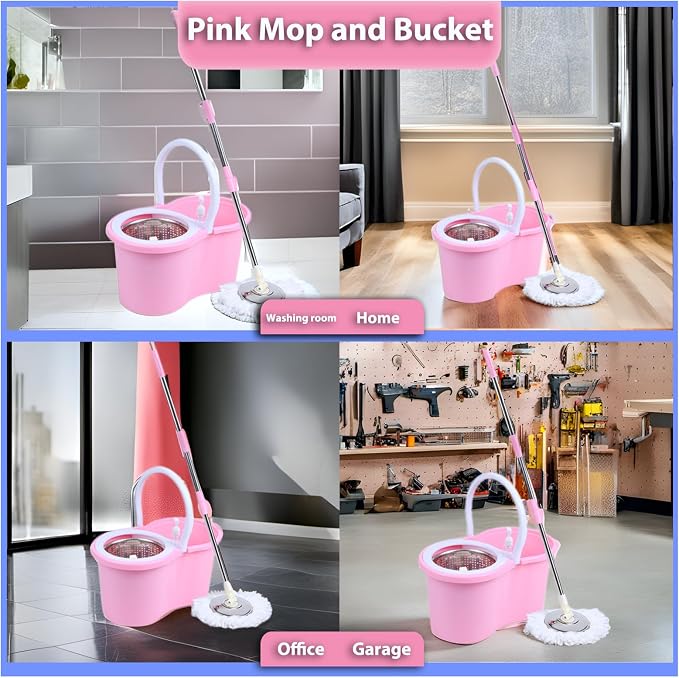 Cute Pink Mop and Bucket Set with 3 Extra Refills (Pink) | Pink, Spin Mop Floor Cleaning System