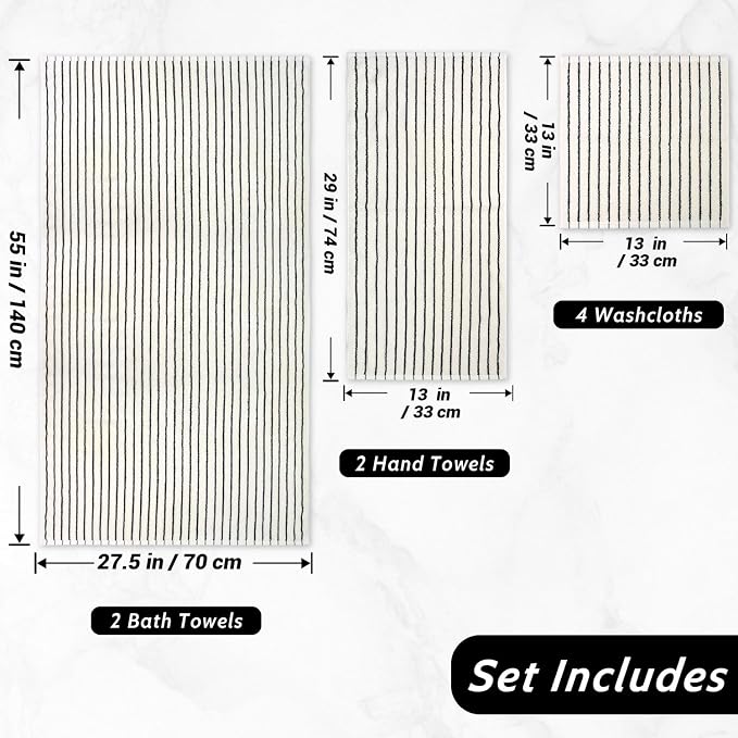 8 Piece Black and Ivory Towel Set, Super Soft & Absorbent Cotton Striped | Towels for Bathroom Decor, 2 Bath, 2 Hand, 4 Washcloths