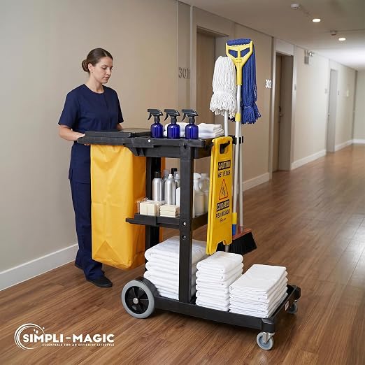Simpli-Magic Commercial Cleaning Cart with Waste Bag & Lid, Janitorial Utility Cart with 3 Shelves, Mop & Broom Holders, 330 lb Capacity, Yellow/Grey