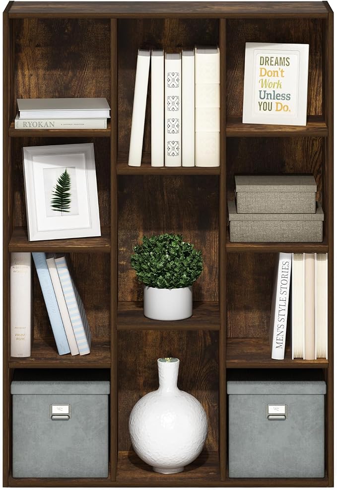 Furinno LUDER Book Shelf, 11-Cube Bookshelf, Reversible Bookcase, 9.4 x 29.1 x 41.7, Easy Assembly, for Living Room, Bedroom, Home Office, Amber Pine