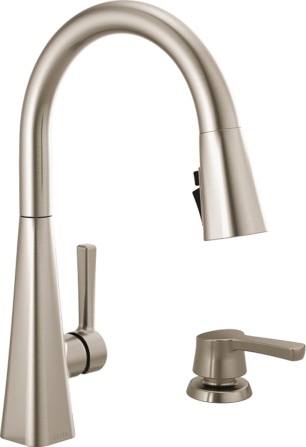 Delta Faucet Lenta Brushed Nickel Kitchen Faucet, Soap Dispenser Included, Kitchen Sink Faucet, Faucet for Kitchen Sink, Magnetic Docking Spray Head, SpotShield Stainless 1982Z-SP-DST