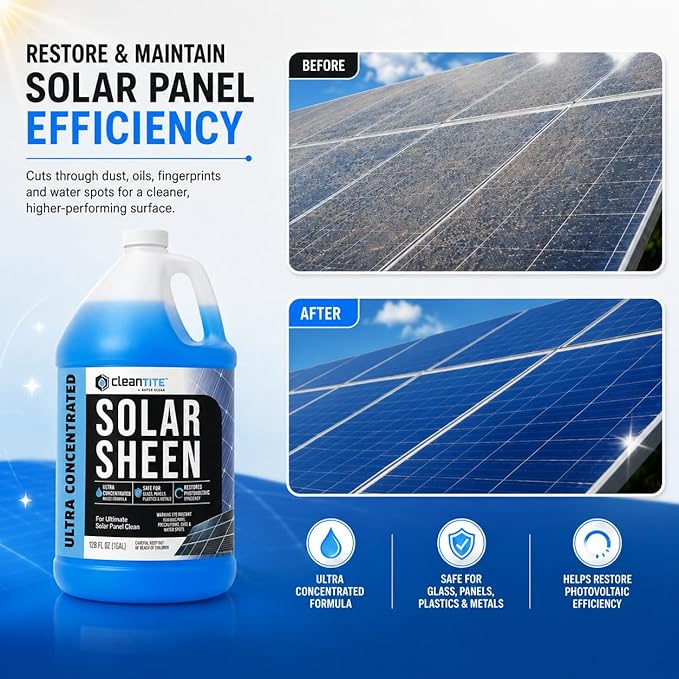 Solar Panel Cleaner 1 Gallon (Makes 512 G) - Super Concentrated Cleaning Solution for Glass, Metal, Wood & Plastic - Remove Oil, Fingerprint & Water Spots - Multipurpose Solar Panel Cleaning