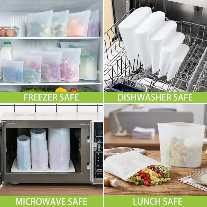 Reusable Silicone Food Storage Bags Quart 4 Pack, Stand Up Ziplock Reusable Freezer Sandwich Bag Containers for Food Travel, Freezer Microwave Oven Dishwasher Safe, Translucent, 33.8fl.oz