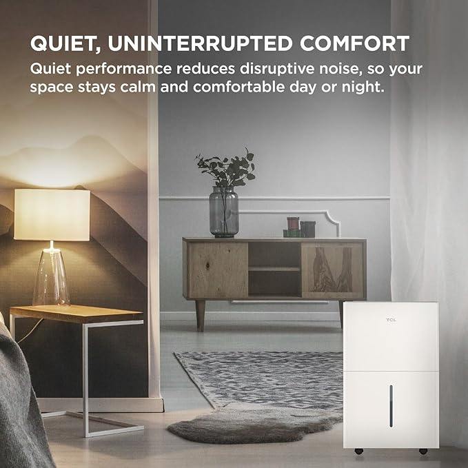 TCL 32-Pint Capacity Quiet, Energy Efficient Portable Dehumidifier, Precise Humidity Control, Bucket or Continuous Drain, Compact Humidity Absorber for Home, Attic, Garage & Rooms up to 3000 Sq Ft