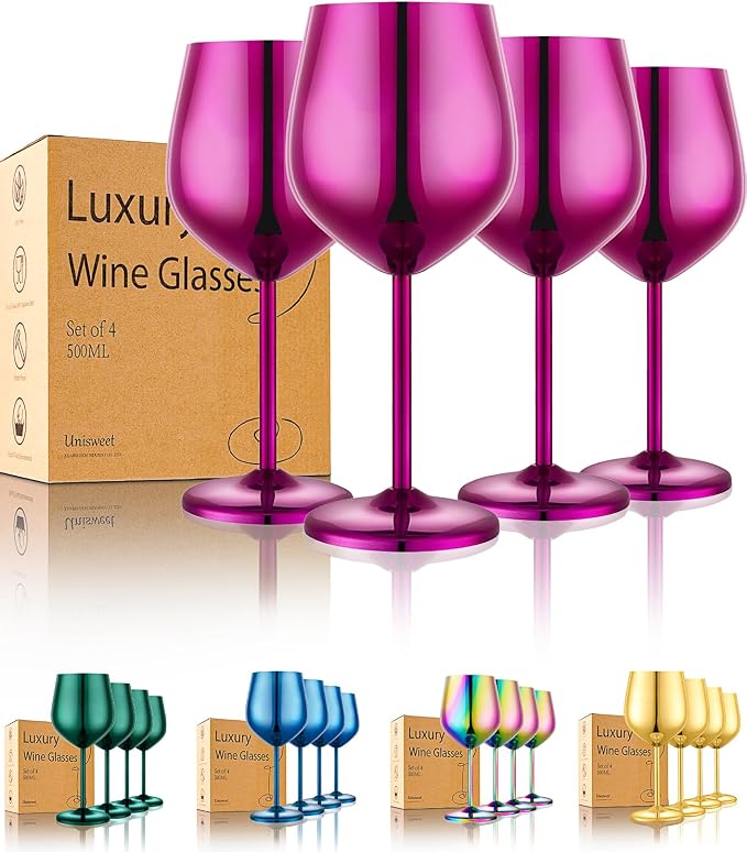 UNISWEET Unbreakable Stainless Steel Wine Glasses Set of 4, Purple | 17oz Unique Fancy Metal Wine Goblets, Shatterproof, Ideal for Outdoor, Camping, Travel, Pool, Great Gift for Wine Lovers