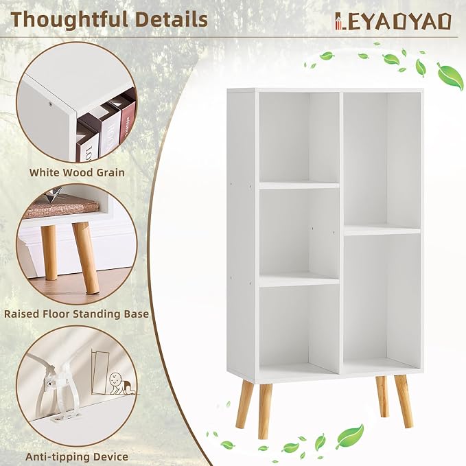 LEYAOYAO 5 Cube Bookshelf, Mid-Century Modern Book Shelf with Legs, White | 3 Tier Bookcase, Rustic Wood Bookshelves Freestanding Small Storage Organizer, Open Shelves for Bedroom, Living Room, Office
