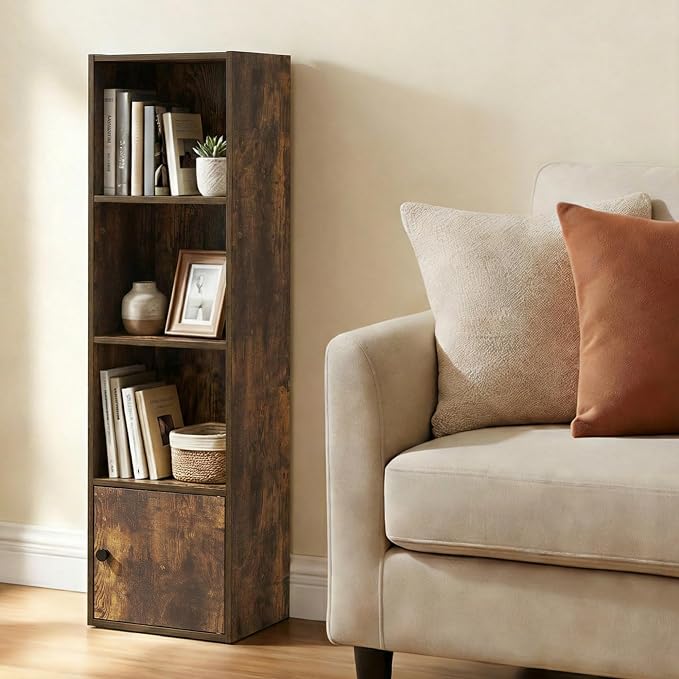 Furinno LUDER Book Shelf, 4-Tier Bookshelf with Open Shelf, Standing Bookcase with 1 Door Cabinet, 9.3 x 12 x 41.8, for Organization and Storage, for Living Room, Bedroom, Home Office, Amber Pine