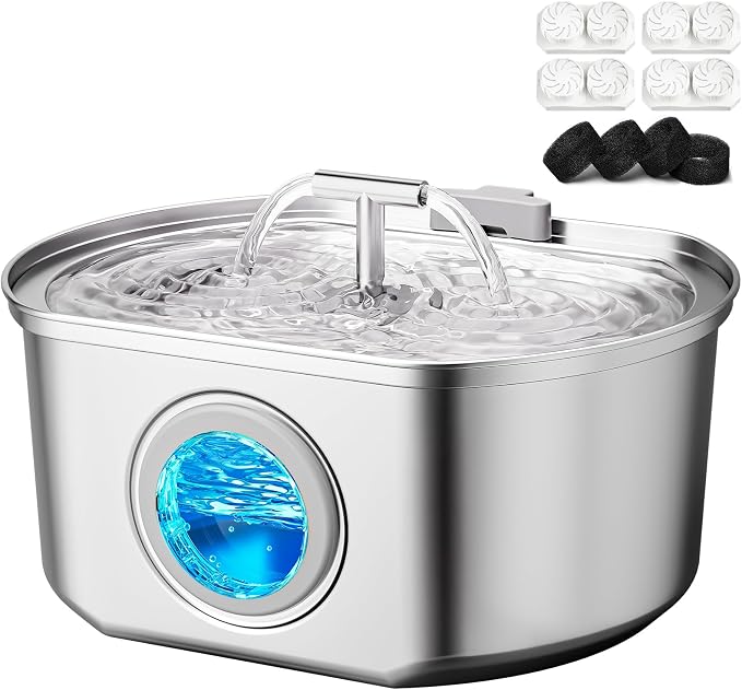 Cat Water Fountain Stainless Steel - 3.2L/108oz Cat Drinking Fountain | Pet Water Fountain for Cats Inside - Ultra Quiet Pet Watering Dispenser - for Small Animals (4 Filters)
