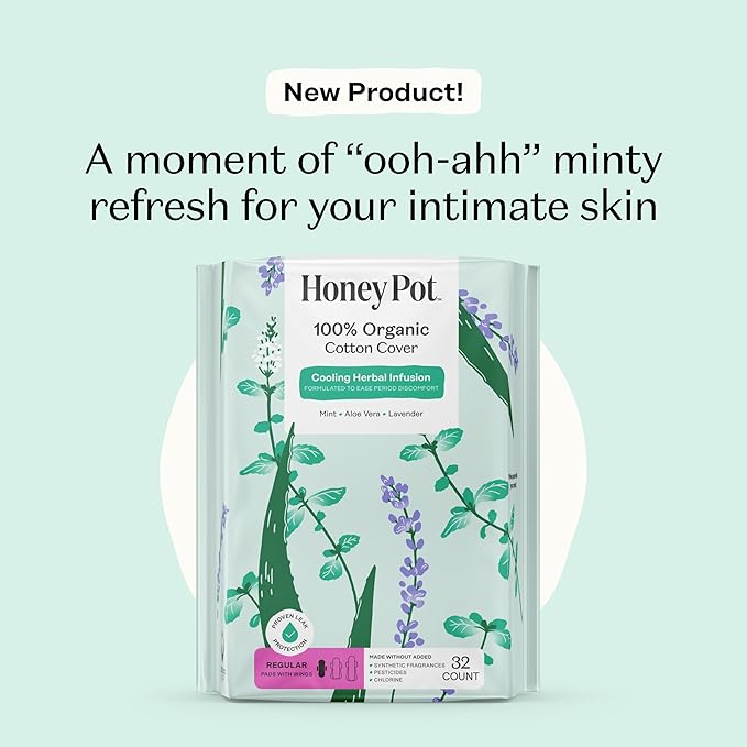 Honey Pot - Herbal Sanitary Pads for Women - Regular Flow w/Wings - Infused w/Essential Oils for Cooling Effect & Organic Cotton Cover – Medium Pack - Feminine Care - 32 ct