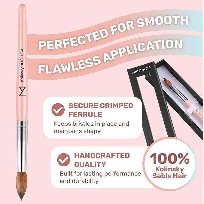 M – Majesti Pink 100% Kolinsky Acrylic Nail Brush | Professional Acrylic Sculpting & Application Brush | Handcrafted Premium Nail Art Tool for Nail Technicians (#10)