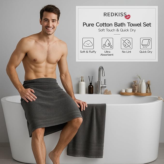REDKISS Dark Gray Towels Set 6 Piece Cotton Towel Sets with 2 Bath Towels, 2 Hand, 2 Washcloths, 650GSM Hotel Quality, Soft, Highly Absorbent Towels for Bathroom Gym, Ideal Everyday Use