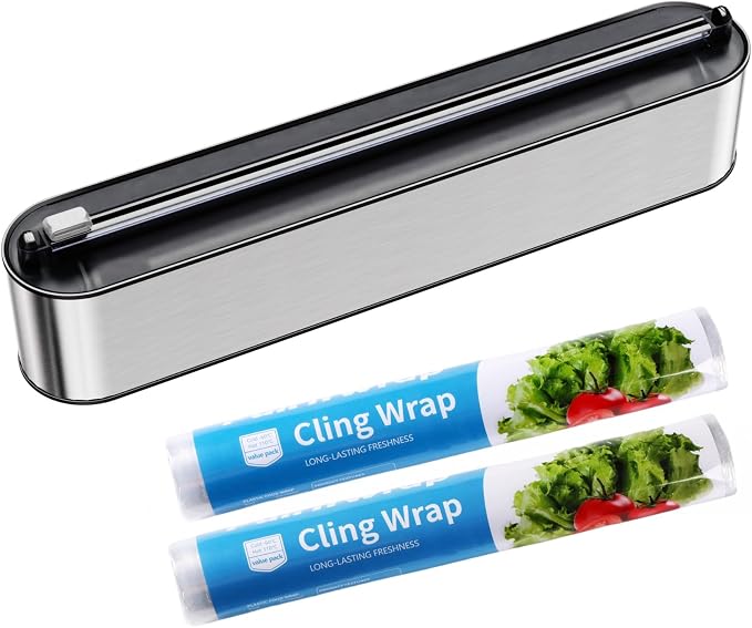 Aluminum Foil & Plastic Wrap Dispenser with Cutter - Magnetic & No-Drill Wall Mount, Stainless Steel Design, Space-Saving Kitchen Organizer for Worktops & Cabinets - Fits 12" Rolls, Silver