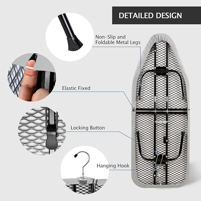 SheeChung Small Ironing Board 12"x32",Mini Ironing Board with Metal Mesh | Foldable,Tabletop,Hanging Hook,Cotton Cover,Heat Resistant Pad,Space Saving,Non-Slip Feet,Fits for Dorm Travel Sewing Room