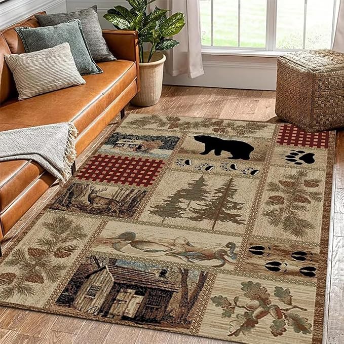 Rustic Lodge Cabin Bear Rugs 6ftx9ft Western Bear Indoor Print Area Rug for Bedroom Living Room Entrance Non-Slip Vintage Cabin Moose Deer Bear Carpet