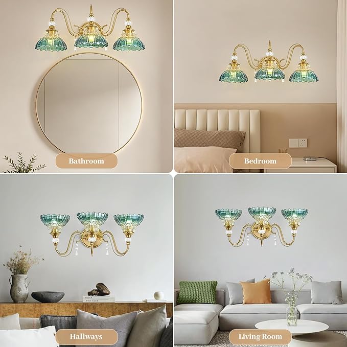 Vintage Bathroom Vanity Light, 3-Light Brushed Gold Finish Wall Sconce with Hanging Crystal Accents and Flower-Shaped Teal Glass Shades, Retro Wall Mount Vanity Light Over Mirror for Bathroom