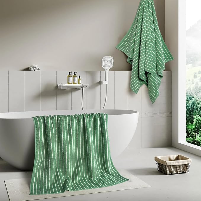 Bath Towels 2 Pack, Lighter & Quick Dry Towels Large 27.5 x 55 inches, | Luxury Terry Cotton Towels for Bathroom Beach Swim, Forest Green & White Striped