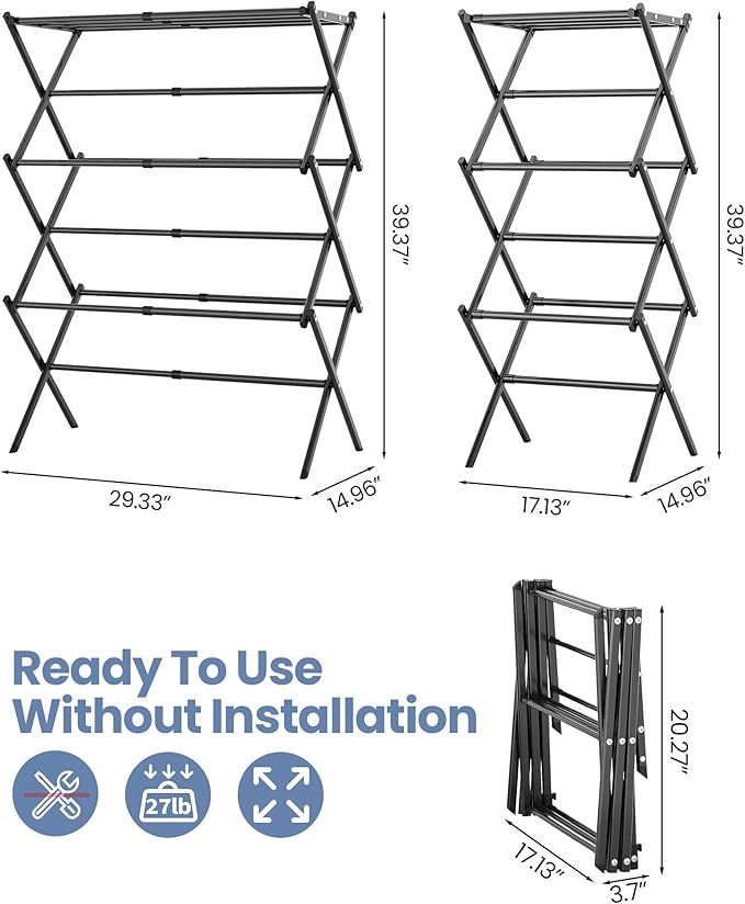 APEXCHASER Oversize Clothes Drying Rack, 3-Tier Drying Rack Clothing, Expandable Metal Laundry Drying Rack, Air Drying Rack, Clothes Rack, No install, 24lb Capacity, 14.9" D x 29.3" W x 39.3" H, Black
