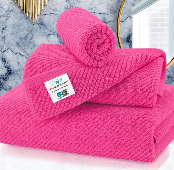 VOOVA & MOVAS 3PC Towel Set, 100% Cotton, Hot Pink | 1 Large Bath 30x56 In,1 Soft Hand 18x28 In,1 Absorbent Washcloth 13x13 In, Quick Dry, Thick, With Hanging Loops